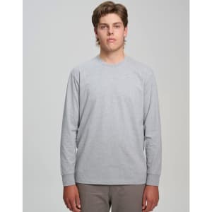 A grey long-sleeve t-shirt made from premium cotton, featuring a plain design and a logo.