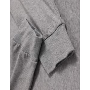 A grey long-sleeve tee shirt with a soft fabric and cuffed sleeves, featuring a logo on the side.