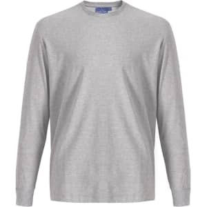 A grey long-sleeve tee shirt made from premium cotton, featuring a crew neck and a logo.