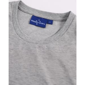 A grey long-sleeve tee shirt featuring a round neckline and a logo on the label.