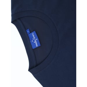 A navy blue men's long sleeve cotton tee shirt featuring a round neckline and a tag inside the collar.