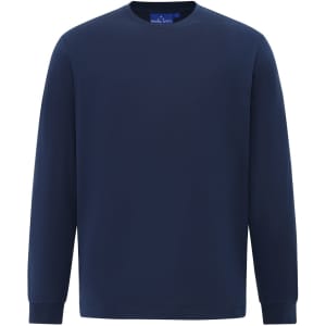 A navy long-sleeved men's cotton t-shirt with a round neckline and a branding label inside.