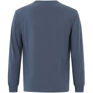 A long-sleeve tee shirt in a blue shade, featuring a classic crew neckline and a plain back with a logo present.
