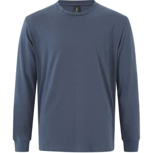 A long-sleeve tee shirt in navy blue with a round neck and a small logo on the label.