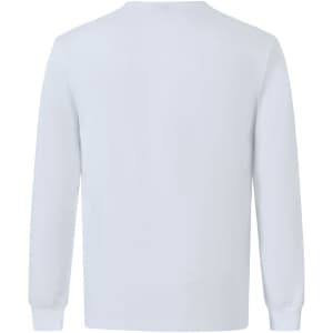 A plain long-sleeve tee shirt in light grey, featuring a crew neckline and a logo.
