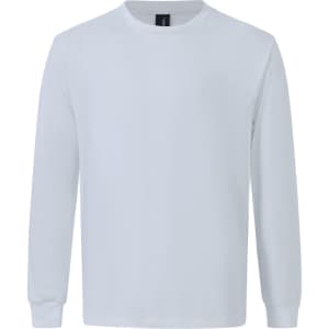 A long-sleeve tee shirt in white, featuring a crew neck and a logo on the tag.