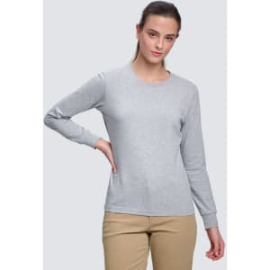 A grey long-sleeve tee shirt for ladies, made from premium cotton, featuring a round neckline and a fitted style.