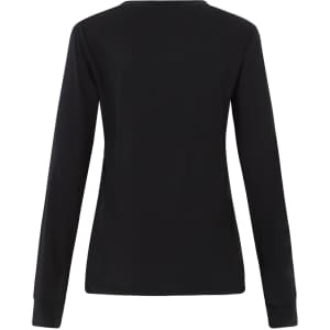 A black long-sleeve tee shirt for ladies, featuring a simple design and a rear view with long sleeves.