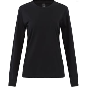 A black long-sleeve tee shirt for women in premium cotton. It features a round neckline and has a logo.
