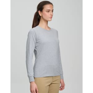 A grey long-sleeved tee shirt for women, featuring a fitted design and a logo on the fabric.