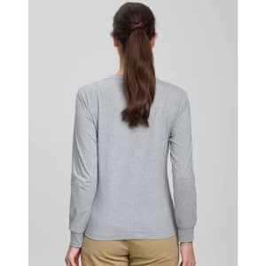 A long-sleeved, grey women's t-shirt made of premium cotton with a logo on the back.