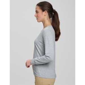 A long-sleeve, grey ladies' premium cotton tee shirt presented on a model in profile. The shirt features a subtle logo.