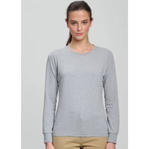 A long-sleeve tee shirt in light grey, featuring a round neckline and a fitted design. It has a logo on the chest.