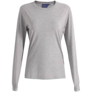 A grey long-sleeve women's premium cotton t-shirt with a crew neck and a logo on the label.