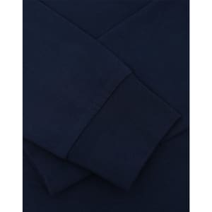 A navy blue long sleeve tee shirt featuring close-up details of the fabric and cuffs, with a logo present.