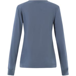 A long-sleeve tee shirt in a muted blue colour, featuring a simple design and a logo on the back.