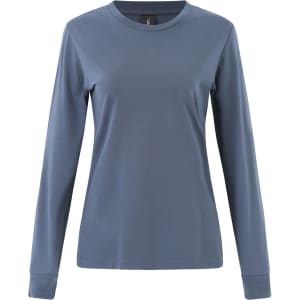 A long-sleeve tee shirt in blue with a fitted design and a logo on the neckline.