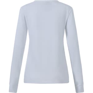 A light blue long-sleeve tee shirt for women with a fitted shape and a logo on the back.