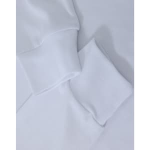 A white long-sleeve tee shirt with premium cotton fabric and cuff details. The image includes a logo.