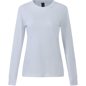 A white long-sleeve tee shirt for ladies made of premium cotton, featuring a logo on the label.