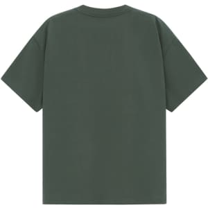 A unisex oversized tee in a dark green colour, featuring a plain design and a logo on the back.