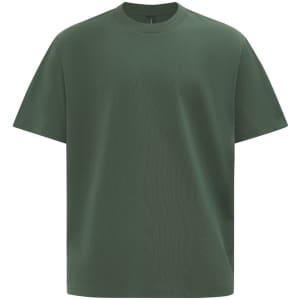 An oversized unisex tee in a deep green colour, featuring a simple, minimalist design with a logo.