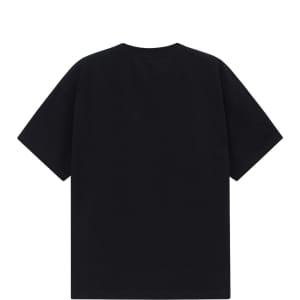 A black unisex heavy cotton oversized tee with short sleeves and a plain back. Features a logo.