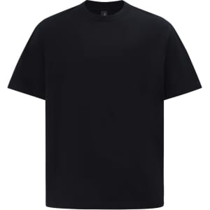 A black unisex heavy cotton oversized tee with a simple design and a logo on the front.