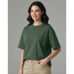 A unisex oversized tee in dark green, featuring a relaxed fit and a simple design. It has a logo.