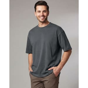 A unisex heavy cotton oversized tee in slate grey, featuring a relaxed fit and short sleeves, with a logo present.
