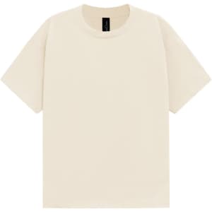 A unisex heavy cotton oversized tee in a cream colour. The shirt features a logo on the label.