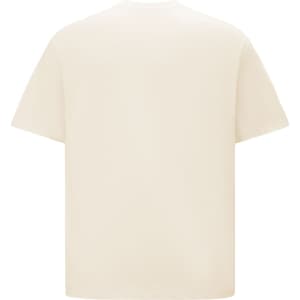 A unisex oversized tee in a cream colour with short sleeves and a plain back. It features a logo.
