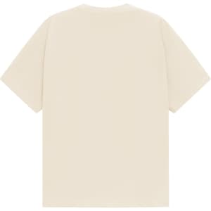 A unisex oversized tee in a neutral cream colour with a plain back. It features a logo tag at the neckline.