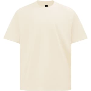 A unisex oversized tee in a light cream colour, featuring a simple design and a logo on the label.