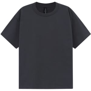An oversized unisex tee in dark grey with a crew neck and short sleeves, featuring a logo.