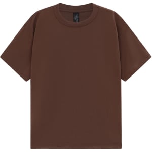 A brown unisex heavy cotton oversized tee displayed flat, featuring a simple design and a label inside.