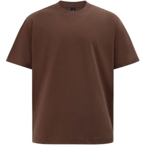 A brown oversized unisex heavy cotton tee with a relaxed fit. Features a logo on the label.
