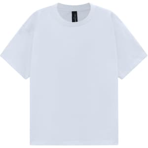 A white unisex heavy cotton oversized tee featuring a round neckline and short sleeves. Includes a brand label.