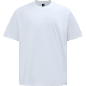A white unisex heavy cotton oversized tee with a logo on the label.
