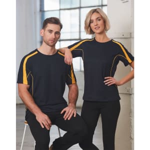 Men's Truedry Fashion short sleeve t-shirt in navy with yellow accents, featuring a logo. Suitable for casual wear.