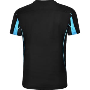 Men's Truedry Fashion short sleeve T-shirt in black with blue accents and a logo on the back.