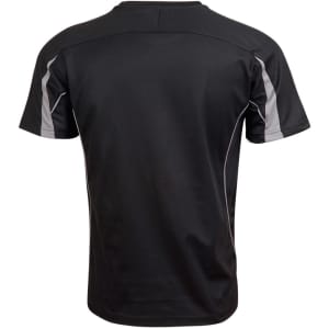 A black short-sleeve T-shirt with grey detailing and a logo on the back. Suitable for casual wear.
