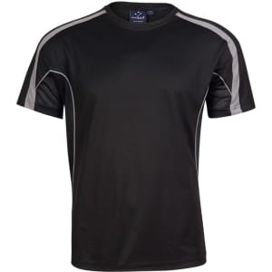 A black short-sleeve t-shirt featuring mesh panels and contrasting grey accents, with a label inside.