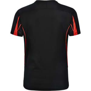 A black short-sleeve t-shirt with red accents and a logo on the back.