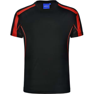 Men's black T-shirt with red accents, featuring short sleeves and a logo. Designed for comfort and style.