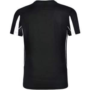 A black short-sleeve T-shirt with white accents and a logo on the back.