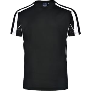 A black men's T-shirt with white accents on the sleeves and sides, featuring a logo on the collar.