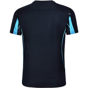 A black short-sleeve T-shirt with light blue accents and a logo on the back.