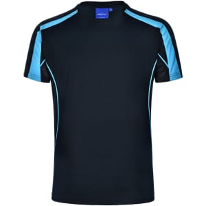 A black short-sleeve T-shirt with blue accents and mesh detailing, featuring a logo on the label.