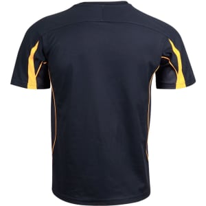 A black and yellow men's T-shirt with short sleeves, featuring a logo on the back.